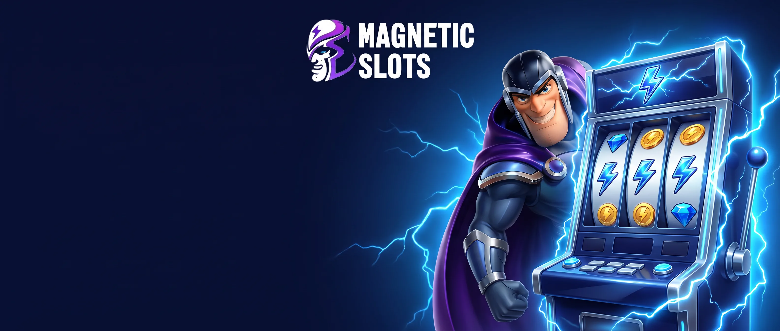 Magnetic Slots-mascotte naast een speelautomaat met blauwe bliksem